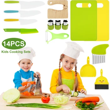 14 шт. Детский набор кухонных ножей Безопасный многоразовый пластиковый кухонный резак для малышей с деревянным резаком Зубчатый резак Разделочный блок