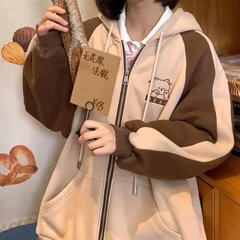 2022 осень и зима колледж стиль японская девушка милая толстовка с капюшоном медведь вышивка студенческая мода свитер на молнии свободного шва