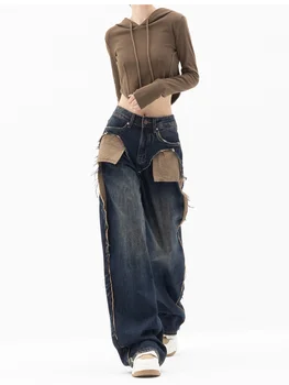 2023 Американский стиль уличной одежды Высокая талия Пэчворк Джинсы Брюки Мода Женские мешковатые брюки Y2K с широкими штанинами Женская одежда