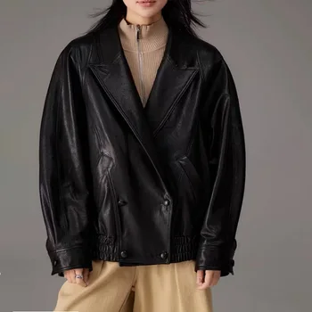 2023 Куртка из натуральной кожи для осени и зимы, новая повседневная черная мотоциклетная куртка из овечьей кожи с полным растительным дублением для женщин