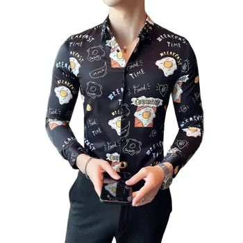 2023 Новая рубашка Европейский и американский темперамент Мужская персонализированная печать Корейская версия Всематчевая рубашка с длинными рукавамиSlim Fit