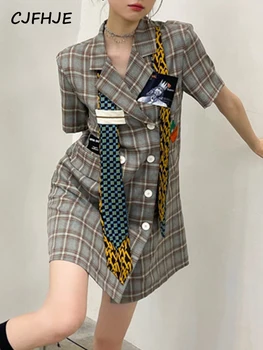 CJFHJE Клетчатое мини-платье-рубашка Женщины Весна Новая Корейская Мода Двубортное Свободное Повседневное Женское Короткое Платье Черный Vestido