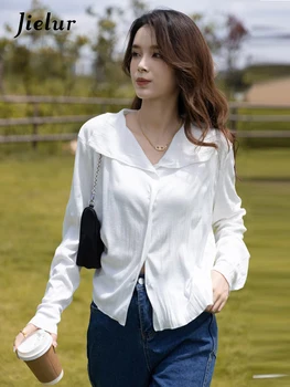 Jielur Белая свободная плиссированная однобортная женская рубашка Однотонная сплошная с длинным рукавом Лето Повседневная уличная мода Женские рубашки