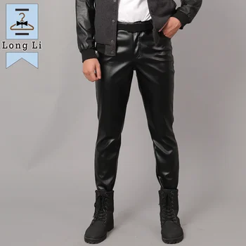 Long Li Корейский стиль Тонкие кожаные брюки Мужские брюки из телячьей кожи Узкие эластичные модные мотоциклетные кожаные брюки Мужские бархатные брюки