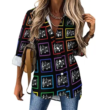 Music Squares Повседневная блузка Винтажные блузки с радужным принтом Женские уличные рубашки с длинным рукавом Весенний топ оверсайз