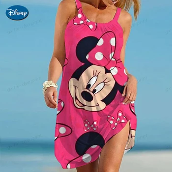 S-5xl Disney Минни Микки Маус Принт Ремешок Пляжное платье для женщин 2023 Новый большой свинг с плечами Свободный сарафан Лето