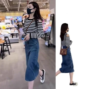Stripes без бретелек с длинными рукавами джинсовая юбка с завышенной талией костюм для половины тела женский 2023 весна новая корейская версия тонкая популярная
