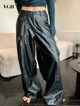 VGH твердые винтажные кожаные брюки полной длины для женщин с высокой талией лоскутный карман свободные минималистичные широкие брюки женские новые