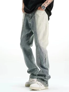 YIHANKE Контрастные повседневные джинсовые брюки Мужские High Street Выстиранные Состаренные сращенные свободные широкие брюки Y2k Одежда