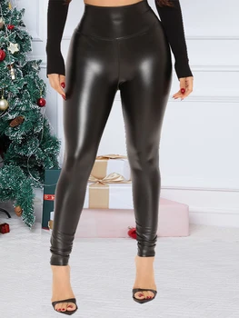 Большие размеры Искусственная кожа Брюки Женщины Леггинсы с высокой талией PU Фитнес Сексуальные колготки Черные брюки Мода Женская одежда XL-4XL Новый