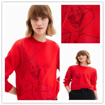 Внешняя торговля, оригинальная, одинарная, испанская мода, вышивка, круглый вырез, свободный красный вязаный свитер, толстовка с капюшоном