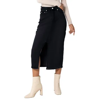 Женская джинсовая юбка с высокой талией и длинным разрезом спереди длинная юбка на молнии стрейч использованный вид латексная мини-юбка