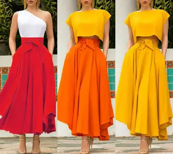  Женская однотонная юбка с высокой талией и вырезом Мода Тонкая талия Бант Пояс Плиссированные длинные макси-юбки Красный Оранжевый Желтый