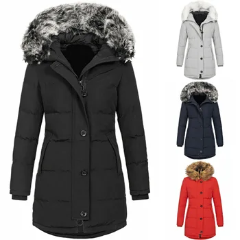 Женская осень и зима Новая женская теплая и облегающая хлопковая куртка с капюшоном, однотонная куртка средней длины