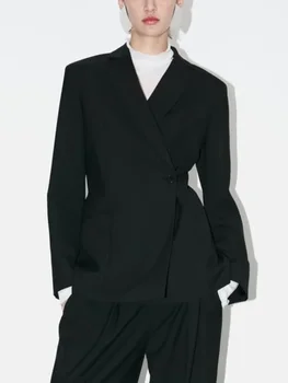 Женский асимметричный двубортный пиджак Новый лацкан с длинными рукавами Косая пуговица Дизайн костюма Куртка Женская шикарная верхняя одежда