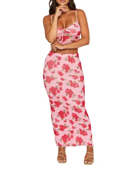 Женский комплект из двух частей с цветочным принтом - Стильная безрукавка с открытой спиной и узкой длинной юбкой с разрезом - идеальный летний наряд для