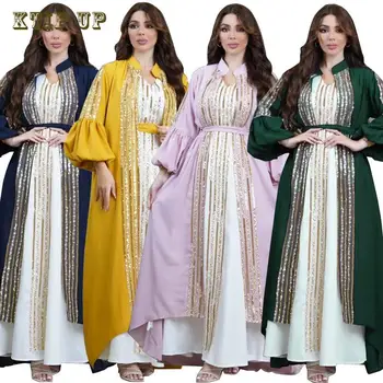 Женский комплект из двух частей с вышивкой бисером, платье с пузырчатыми рукавами, Ближний Восток Абайя, Турецкий, Дубай, Саудовская, Арабская, Мусульманская мода