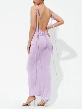 Женщины Y2K Длинное платье-комбинация с открытой спиной Спагетти на бретелях Плиссированное облегающее платье Коктейльное платье с низким вырезом Клубная одежда