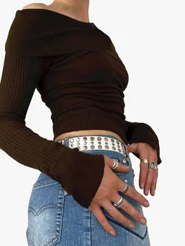 Женщины Свитер с открытыми плечами Топ Y2k Slim Fit С длинным рукавом Укороченная футболка Трикотажные рубашки Повседневная блузка в рубчик Топы Уличная одежда