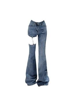 Женщины Синий расклешенный Винтаж Прямые джинсы Уличная одежда Harajuku 90-х Y2k Джинсовые брюки Мода Корейские широкие штанины Ковбойские брюки Лето