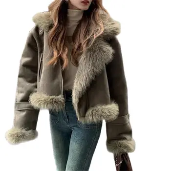 Зимняя имитация меха Пальто Короткая женская кожаная куртка Подкладка из кроличьего меха Овчина Шея Модное роскошное теплое пальто