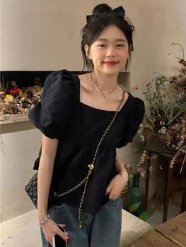 корейский стиль блузки женщины с квадратным воротником прекрасная преппи школьница простая чистая всематчевая пышная рукава повседневная леди лето блуса