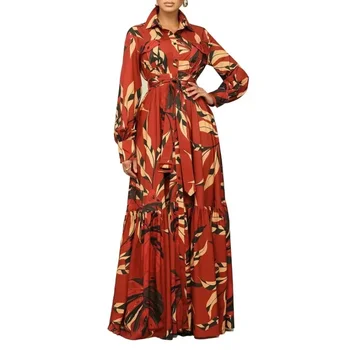  Красно-зеленые платья из полиэстера для женщин Весна с длинным рукавом и V-образным вырезом Длинное макси-платье Dashiki African Clothing S-3XL
