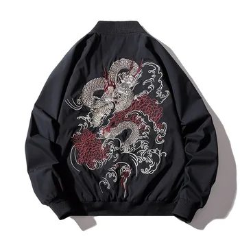 Куртка-бомбер Мужская китайская куртка с вышивкой дракона Куртка пилота Ретро-панк Хип-хоп куртка Осень Молодежная уличная уличная одежда Хипстер