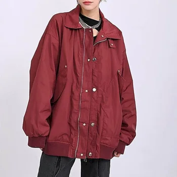 Куртки для женщин Свободные бейсбольные куртки в корейском стиле Толстовки с твердым вырезом Кардиганы Винтажные пальто с длинными рукавами Женские топы