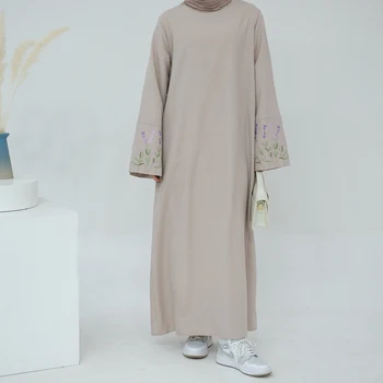 Лавандовая вышивка Дубай Абайя Скромное мусульманское платье Женщины Свободная исламская одежда Боковые карманы Хиджаб Халат Повседневный Рамадан Ид
