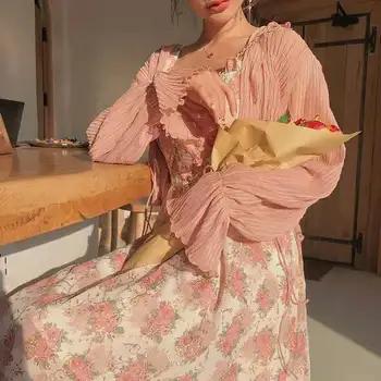 летнее французское сладкое платье феи женское кавайное корейское коттеджкор платья женщины элегантные жемчужные пуговицы с цветочным принтом рюши вечеринка