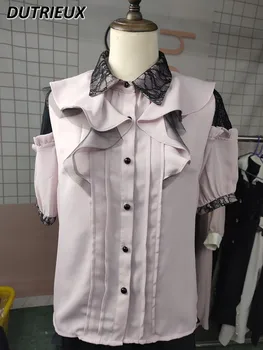 Летние топы с коротким рукавом в стиле Rojita Mine Массовое производство Кружева с оборками Однотонная однобортная рубашка Camisa Feminina