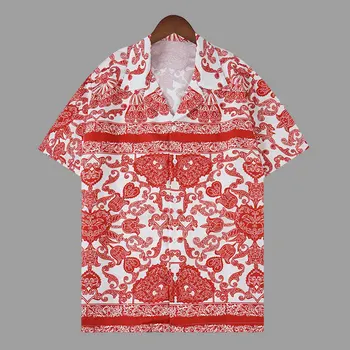  Летняя контрастная цветовая повседневная рубашка с коротким рукавом и пуговицами 2023 Гавайская рубашка Хип-хоп Пляжные рубашки с растительным принтом Мужчины Harajuku