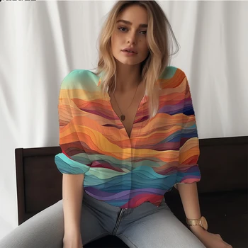 Летняя новая женская рубашка цвет волны 3D-печатная женская рубашка в стиле ретро женская рубашка модная свободная женская рубашка
