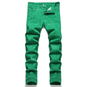 Летняя улица Европа США мужские джинсы с цифровым принтом зеленый молодежный популярные узкие джинсы средней талии с простой индивидуальностью