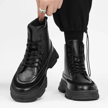 Мужская осень Новый высокий топ в британском стиле Челси Ботинки Мужская черная рабочая одежда Мотоцикл Кожаная обувь для мальчиков