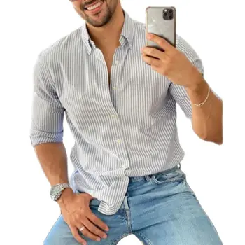 Мужская рубашка 2024 Весна/Лето Новая полосатая рубашка с длинными рукавами Fit Fit Европейский и американский стиль Мужская рубашка-поло с воротником