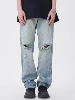 Мужские джинсы свободного кроя, идеально подходят для уличной одежды и повседневных модных мужских уличных джинсов легкой стирки