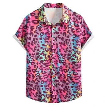 Мужские красочные леопардовые рубашки с цветочным принтом Повседневная гавайская рубашка с коротким рукавом на пуговицах Летние тропические пляжные рубашки Мужская сорочка XXL