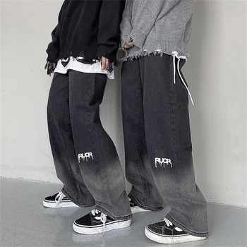 Новый хип-хоп градиентные джинсы мужские высокие прямые брюки черные стиранные джинсы брюки