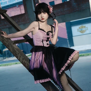 Оригинальное японское платье Harajuku Punk Cross Purple Stitching Платье Горячая девушка Мода Лолита Темперамент Kawaii Sweet Slim Платье