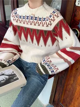 Осенний и зимний свитер Y2K Вязаный пуловер Женский винтажный свитер с длинным рукавом Harajuku Женский повседневный свободный свитер с о-образным вырезом