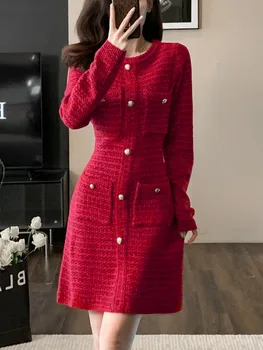  роскошный стиль осень новое красное трикотажное платье для женщин высокое качество корейские модные повседневные платья-свитера с длинным рукавом и круглым вырезом