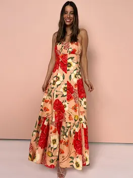 Сексуальное контрастное цветное платье с цветочным принтом Женское модное плиссированное свободное платье без рукавов Женское элегантное шикарное вечеринка Vestidos
