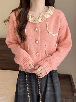  Сладкие корейские женщины Кружева Пэчворк Кардиган Мода С длинным рукавом Пуговицы Вязаные свитера Элегантная повседневная свободная женская верхняя одежда