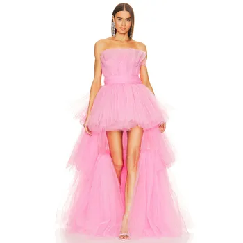 сладкий розовый высокий низкий ярус длинный тюль макси платья без бретелек многослойные женские платья для вечеринок свадебное платье