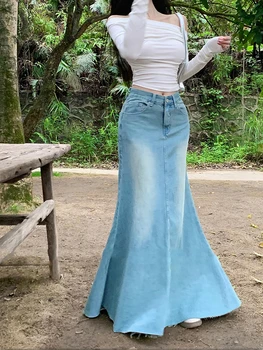 Элегантные женские уличные юбки Женская мода Y2k Одежда Kawaii Синяя юбка Винтаж Harajuku Корейская одежда Длинные макси Деним